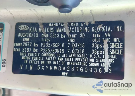 2011 Kia Sorento Sx V6 из США, поврежденный, VIN 5XYKWDA23BG093673